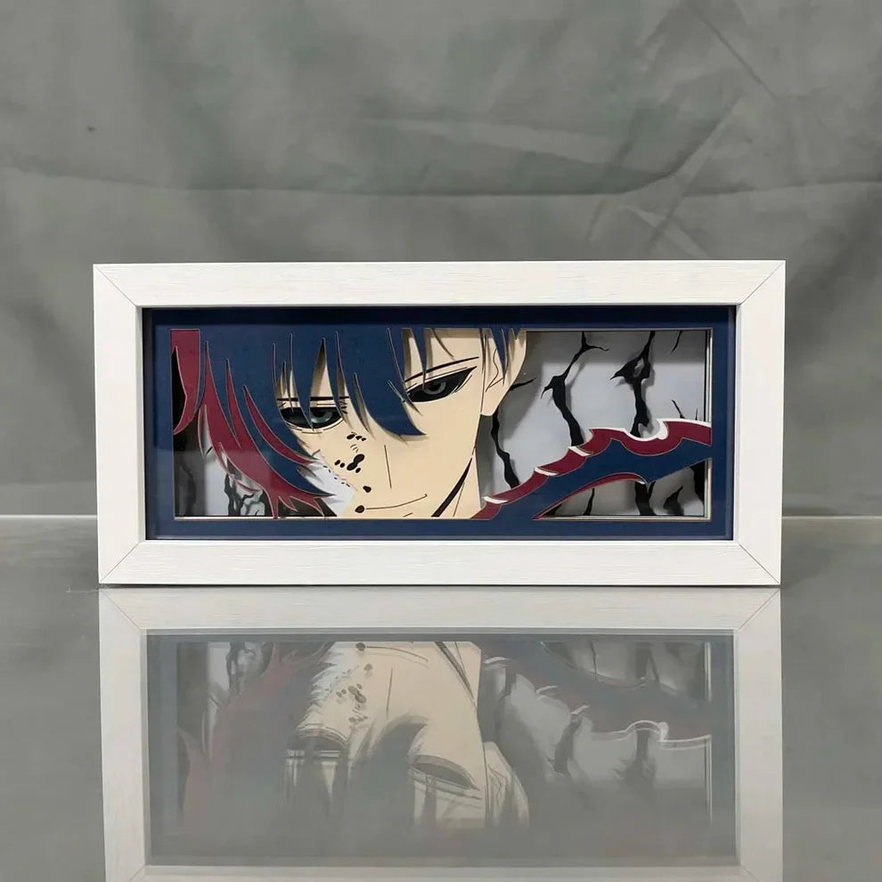 Boîte lumineuse anime à nivellement solo chanté Jin Woo par myanimelightbox, afficher, dans un cadre blanc avec fond décoratif