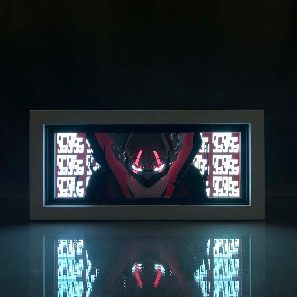 Bijela LED verzija Dandadan Anime Light Box From MyanimeLightBox pokazuje intenzivno fokus oka
