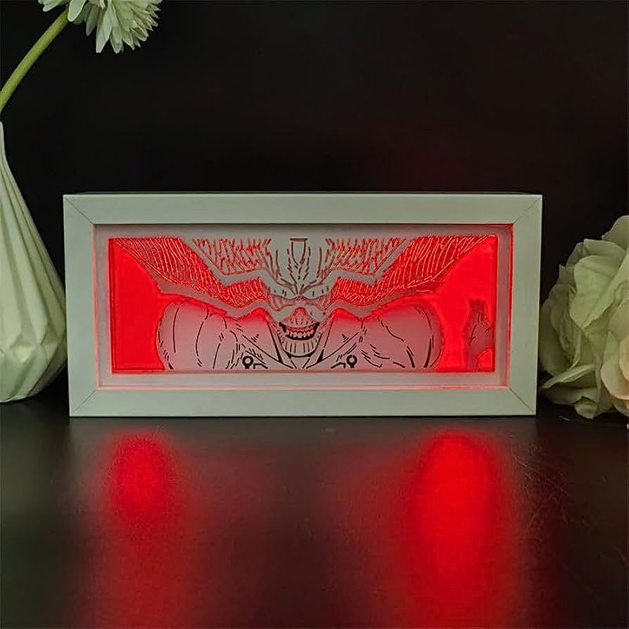 Mahoraga light box lit in red LED mode with ominous shadows and powerful aura