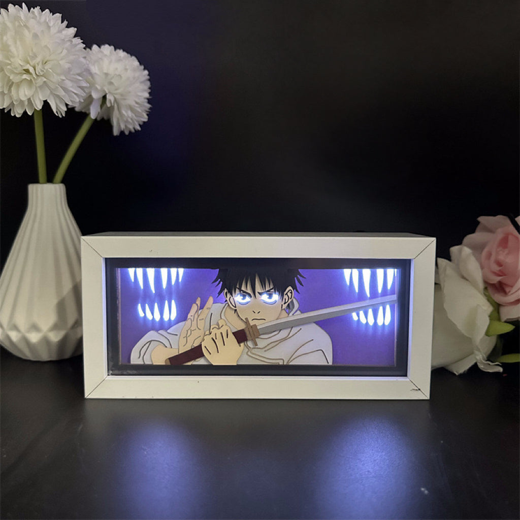 Blue LED Jujutsu Kaisen Yuta light box with haunted Rika silhouette