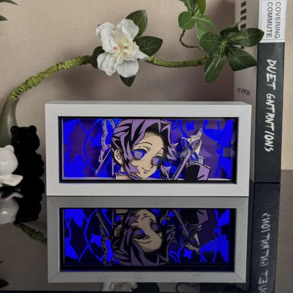 Shop Demon slayer Shinobu Kochou Light Box featuring vibrant LED-lit artwork of the Insect Hashira from Demon Slayer, ideal for anime room decor and fans of Kimetsu no Yaiba ｜My Anime Light Box 