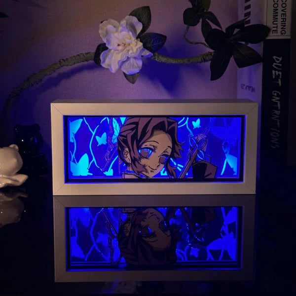 Shinobu Kochou Light Box featuring vibrant LED-lit artwork of the Insect Hashira from Demon Slayer, ideal for anime room decor and fans of Kimetsu no Yaiba | My Anime Light Box 