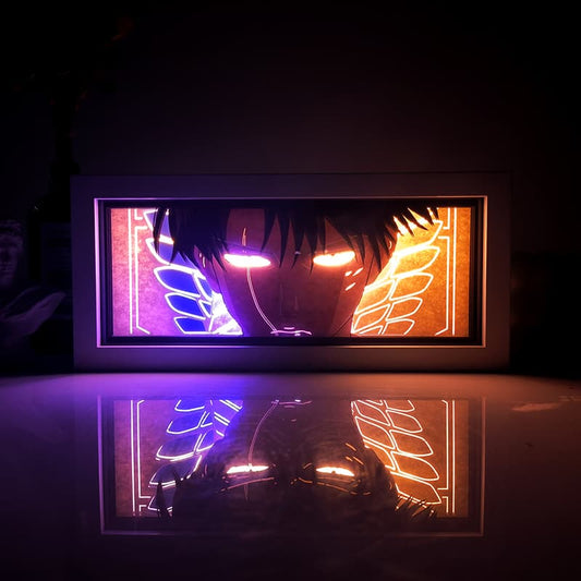 Serangan di Titan Levi Ackerman Anime Light Box oleh Myanimelightbox, bercahaya di bilik gelap, pencahayaan dramatik
