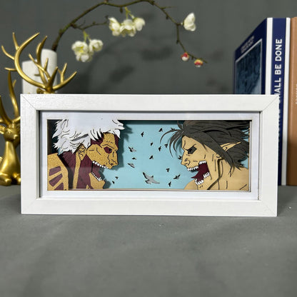 Ataque no Titan Fight Scene Anime Light Box by MyanimelightBox, exibição, em quadro branco com fundo decorativo
