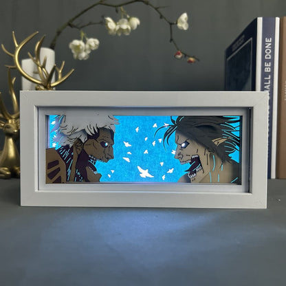 Ataque na cena da luta de titãs Caixa de luz de anime brilhando com luz acesa, luzes da sala visível, por MyanImelightBox