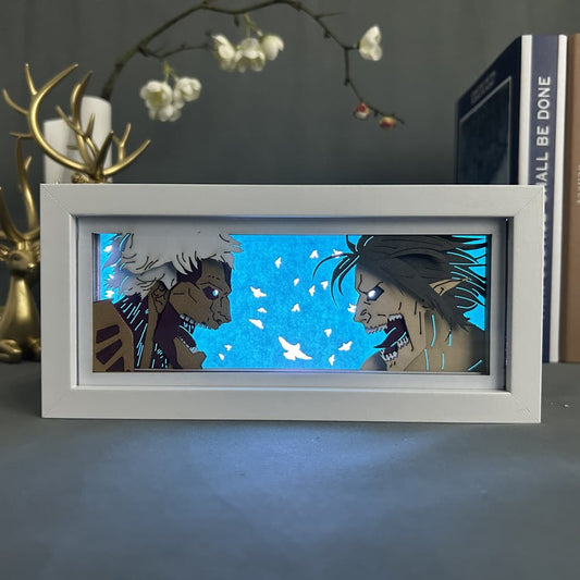 Ataque na cena da luta de titãs Caixa de luz de anime brilhando com luz acesa, luzes da sala visível, por MyanImelightBox