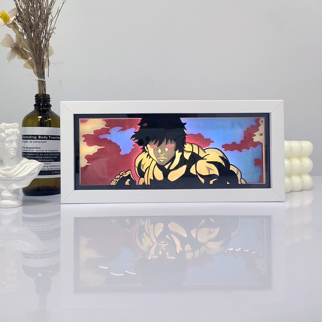 Baki Hanma Anime Light Box brilhando com luz acesa, luzes da sala visível, por MyanImelightBox
