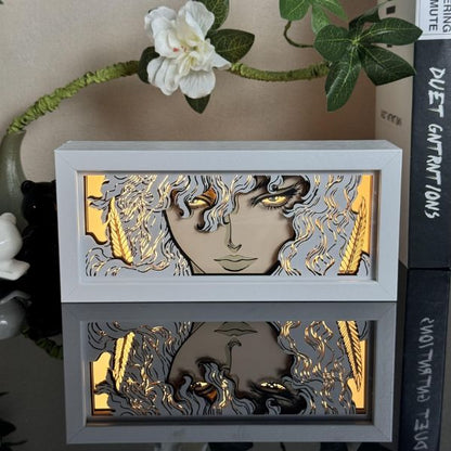 Berserk Griffith Anime Light Box brilhando com luz acesa, luzes da sala visível, por MyanImelightBox