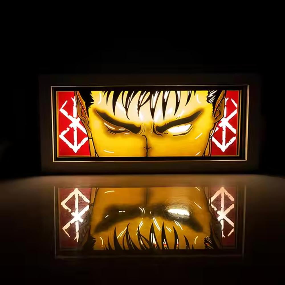 Berserk Guts Black Swordsman Anime Light Box من Myanimelightbox ، متوهجة في غرفة مظلمة ، إضاءة درامية
