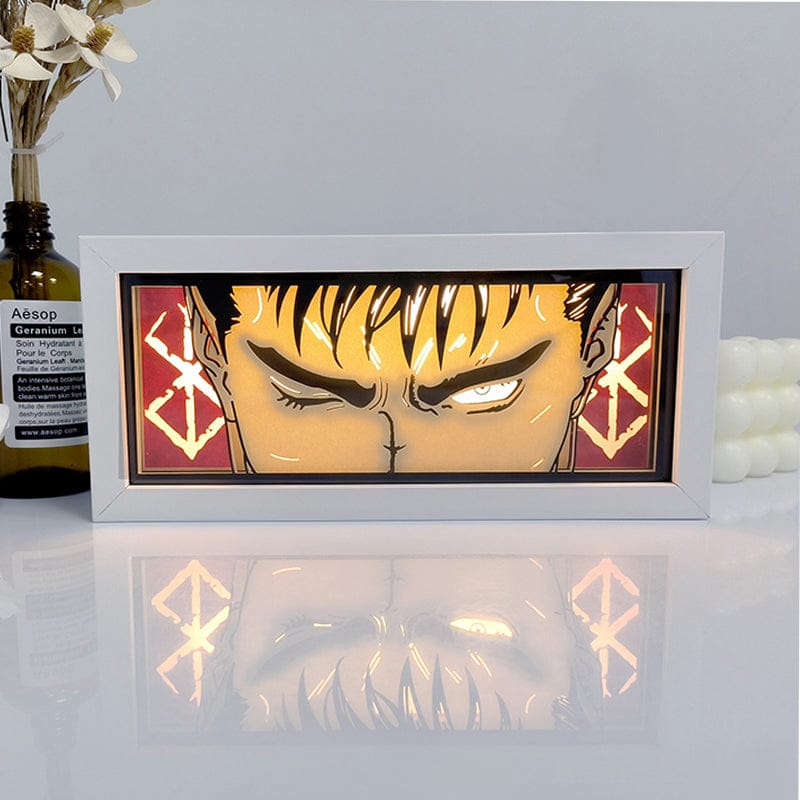 Berserk Guts Black Swordsman Anime Light Box متوهجة مع الضوء ، وأضواء الغرفة مرئية ، بواسطة Myanimelightbox