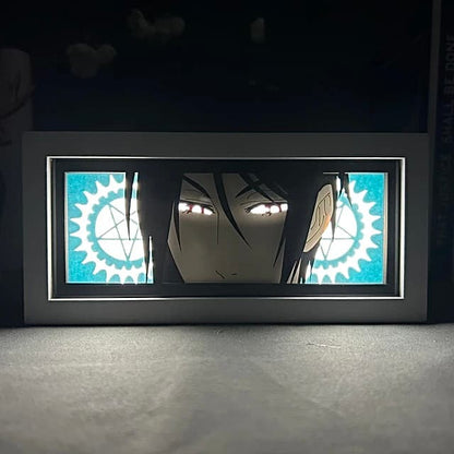 Kotak cahaya anime black butler sebastian oleh myanimelightbox, bercahaya di bilik gelap, pencahayaan dramatik
