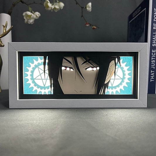 Kotak cahaya anime hitam Sebastian Black Butler bersinar dengan cahaya, lampu bilik kelihatan, oleh MyAnimelightBox