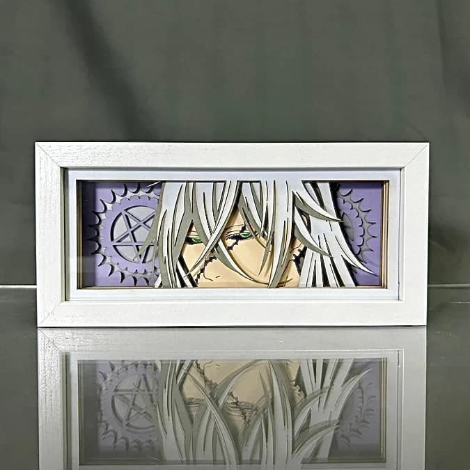 Black Butler Undertaker Anime Light Box oleh Myanimelightbox, dipaparkan, dalam bingkai putih dengan latar belakang hiasan
