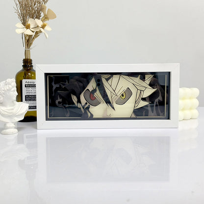 Black Clover Asta Anti Magic Anime Light Box by Myanimelightbox, dipaparkan, dalam bingkai putih dengan latar belakang hiasan
