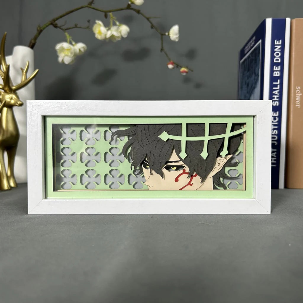 Black Clover Yuno Anime Light Box by Myanimelightbox, dipaparkan, dalam bingkai putih dengan latar belakang hiasan
