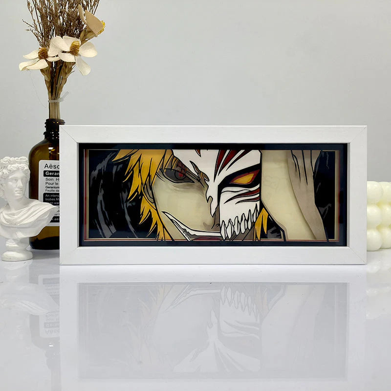 Bleach Ichigo Hollow Bankai Anime Light Box van MyanimelightBox, Display Off, in White Frame met decoratieve achtergrond
