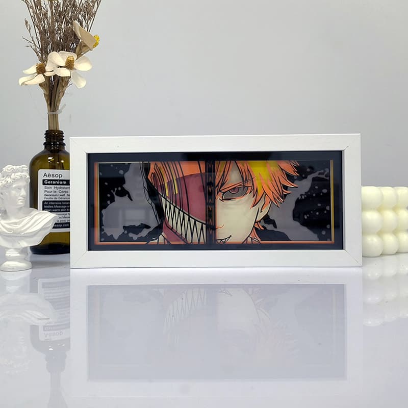 Bleach samengevoegd Hollow Ichigo Anime Light Box van MyanimelightBox, Display Off, in White Frame met decoratieve achtergrond
