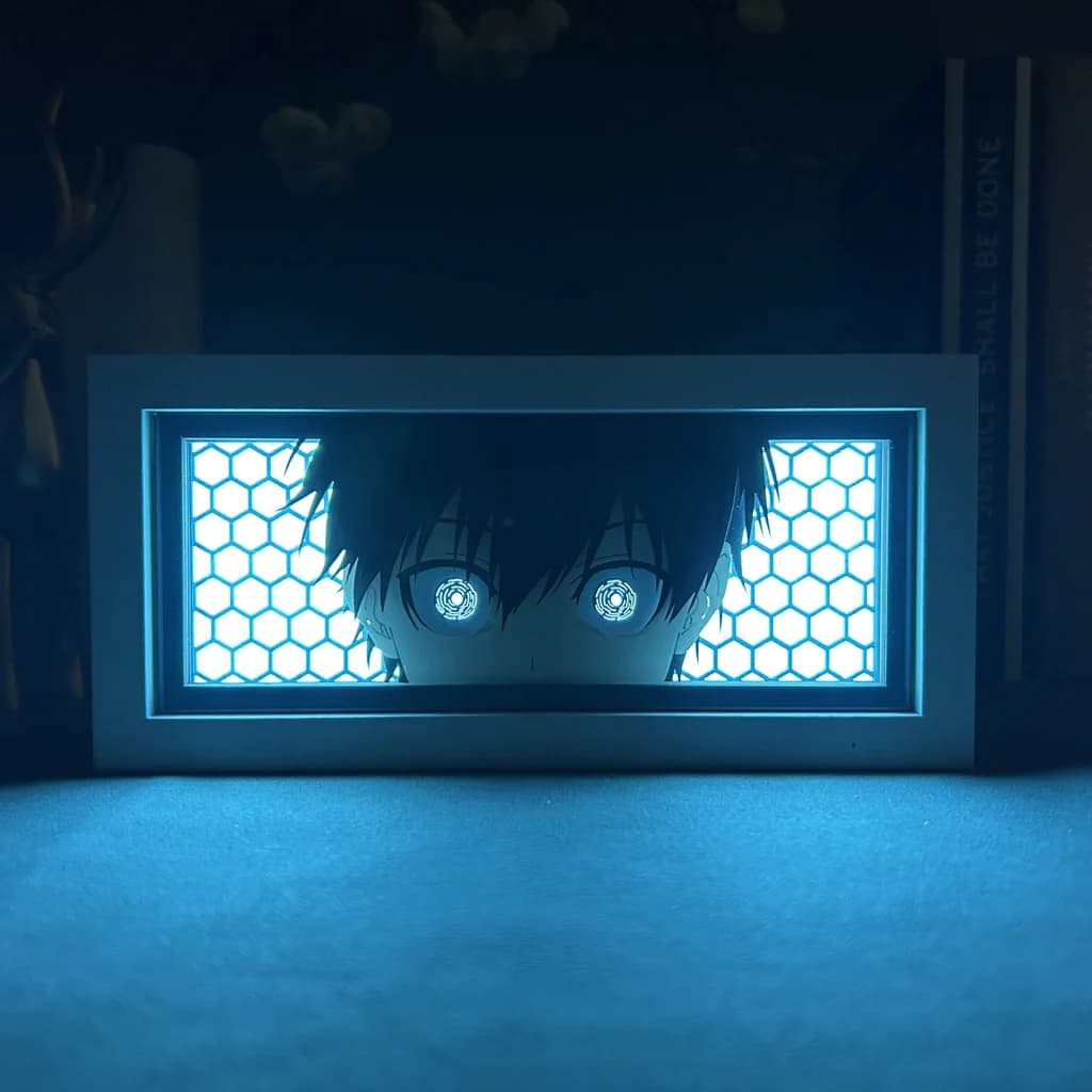 Blue Lock Isagi Anime Light Box par Myanimelightbox, brillant dans une pièce sombre, un éclairage dramatique