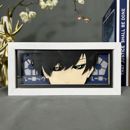 Blue Lock Rin Itoshi Anime Light Box by Myanimelightbox, dipaparkan, dalam bingkai putih dengan latar belakang hiasan
