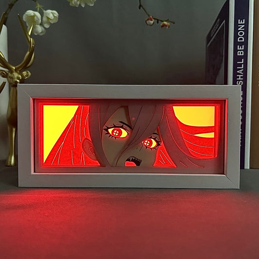 Kotak cahaya anime power chainsaw bersinar dengan cahaya, lampu bilik kelihatan, oleh myanimelightbox