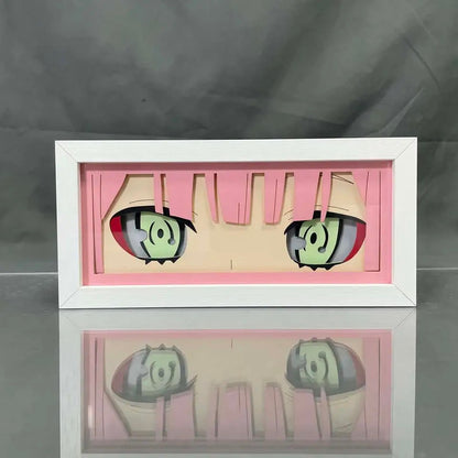 Darling in the Franxx Zero Zero Mata Kotak Cahaya Anime oleh Myanimelightbox, Paparkan Off, dalam Bingkai Putih Dengan Latar Belakang Hiasan