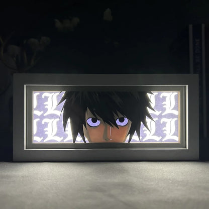 Death Note L Anime Caixa Luz por MyanimelightBox, brilhando em quarto escuro, iluminação dramática
