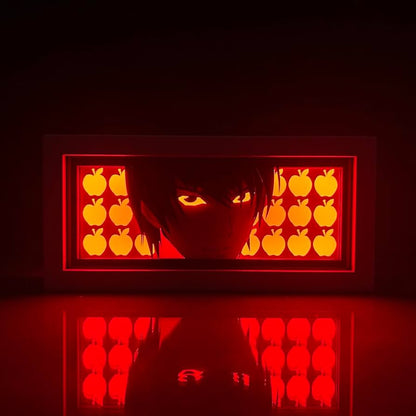 Death Note Light Yagami Anime Light Box by MyanimelightBox, brilhando em quarto escuro, iluminação dramática

