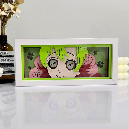 Démon zabiják Kanroji Smile Anime Light Box od Myanimelightbox, displej, v bílém rámu s ozdobným pozadím
