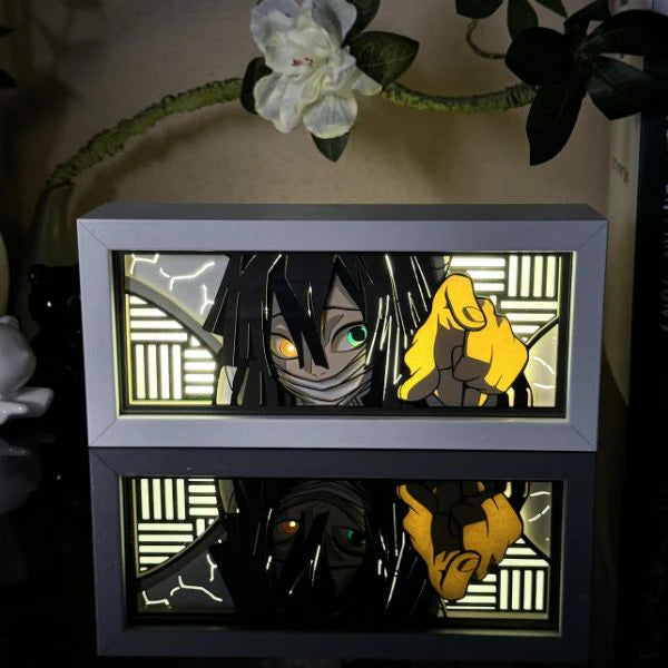 Demon Slayer Obanai Iguro Anime Light Box par Myanimelightbox, brillant dans une pièce sombre, un éclairage dramatique

