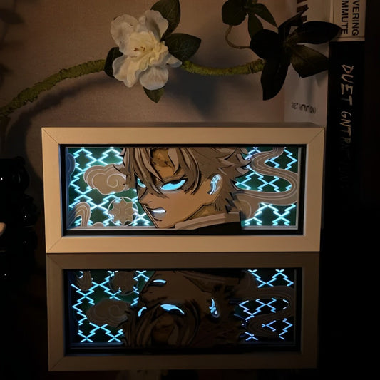 Demon Slayer Sanemi Anime Light Box by Myanimelightbox, bercahaya di bilik gelap, pencahayaan dramatik

