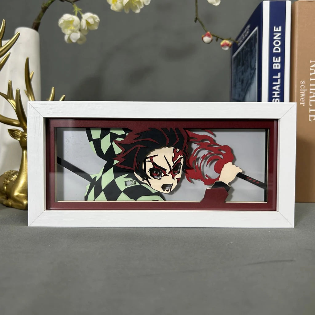Slayer Demônio Tanjiro Battle Anime Light Box by MyanImelightBox, exibir, em quadro branco com fundo decorativo