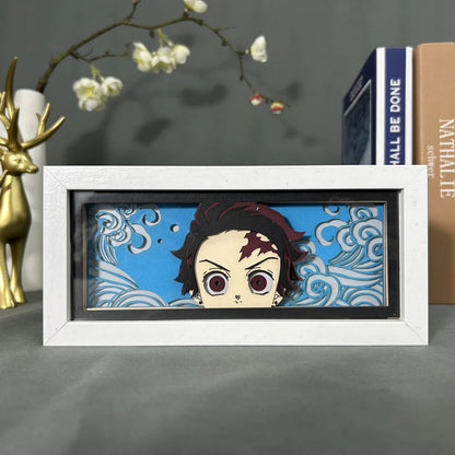 Demon Slayer Tanjiro Anime Light Box par Myanimelightbox, afficher, dans un cadre blanc avec fond décoratif
