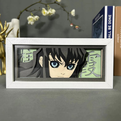 Demon Slayer Tokito Anime Light Box oleh Myanimelightbox, dipaparkan, dalam bingkai putih dengan latar belakang hiasan