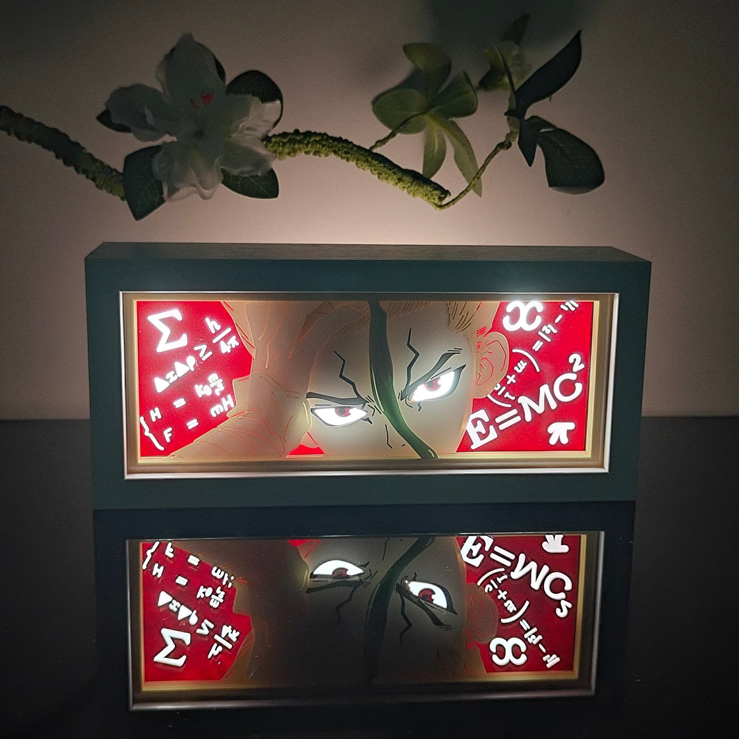 Dr Stone Anime Light Box oleh Myanimelightbox, bercahaya di bilik gelap, pencahayaan dramatik
