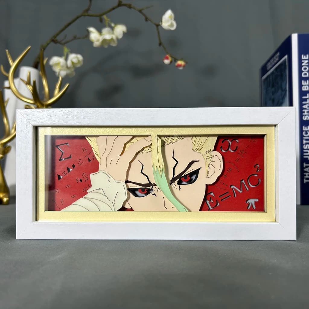 Dr Stone Anime Light Box by Myanimelightbox, dipaparkan, dalam bingkai putih dengan latar belakang hiasan