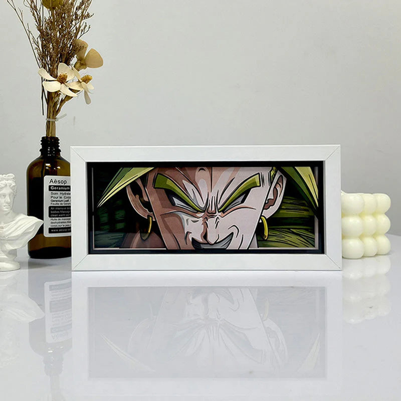 Dragon Ball Z Broly Rage Anime Light Box oleh Myanimelightbox, dipaparkan, dalam bingkai putih dengan latar belakang hiasan