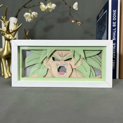 Dragon Ball Z Broly Anime Light Box od Myanimelightbox, displej, v bílém rámu s ozdobným pozadím
