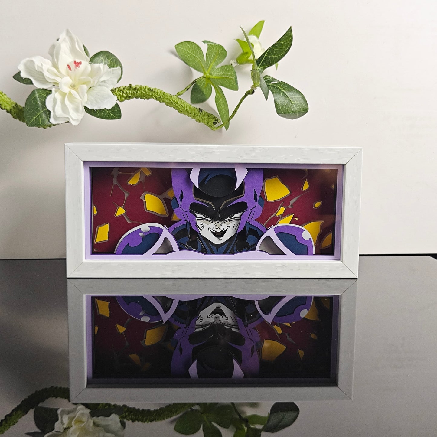 Dragon Ball Z Frieza anime light box by MyAnimeLightbox, display off, in white frame with decorative background
