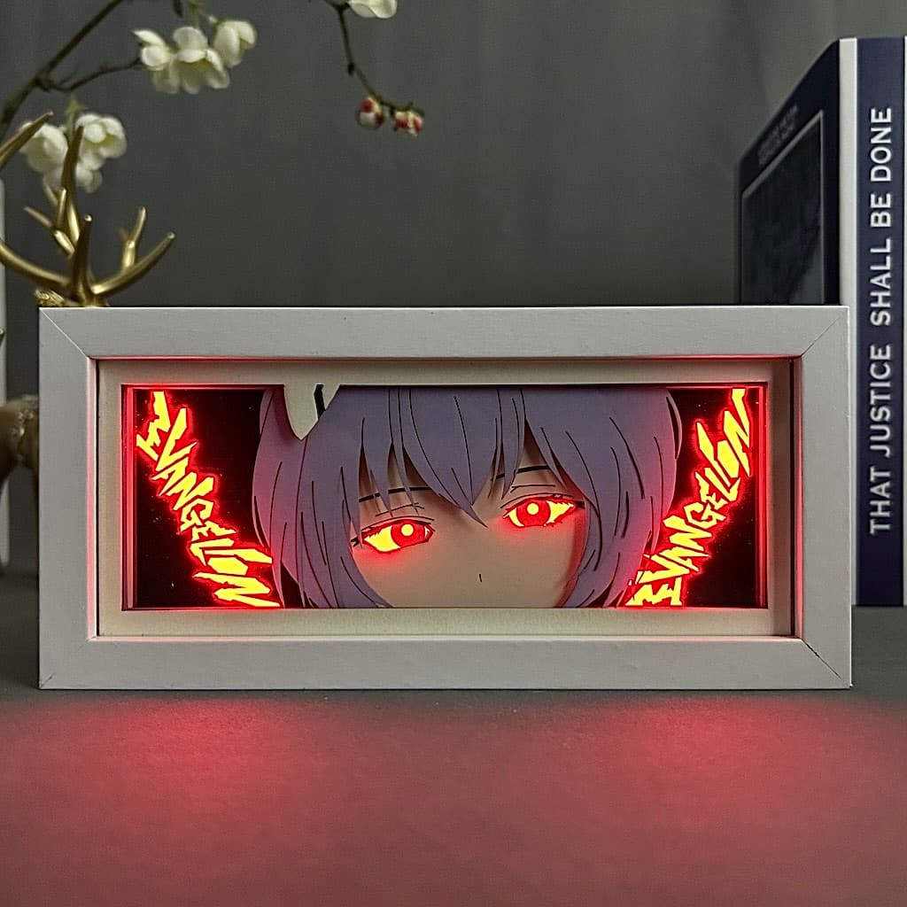 Evangelion Rei Anime Light Box brillant de lumière allumée, lumières de la pièce visibles, par Myanimelightbox