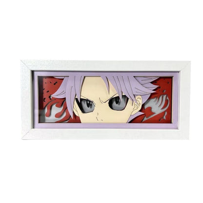 Fairy Tail Natsu Anime Light Box oleh Myanimelightbox, dipaparkan, dalam bingkai putih dengan latar belakang hiasan
