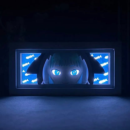 Gawr Gura Anime Light Box oleh Myanimelightbox, bercahaya di bilik gelap, pencahayaan dramatik