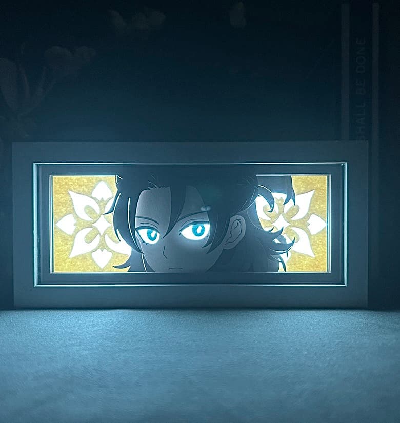 Genshin Impact albedo anime light box by myanimelightbox ، متوهج في غرفة مظلمة ، إضاءة مثيرة
