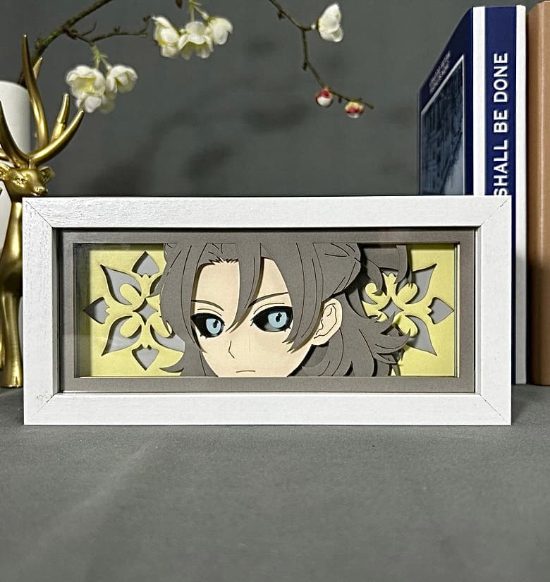 Genshin Impact albedo anime light box by myanimelightbox ، عرض ، في إطار أبيض مع خلفية زخرفية
