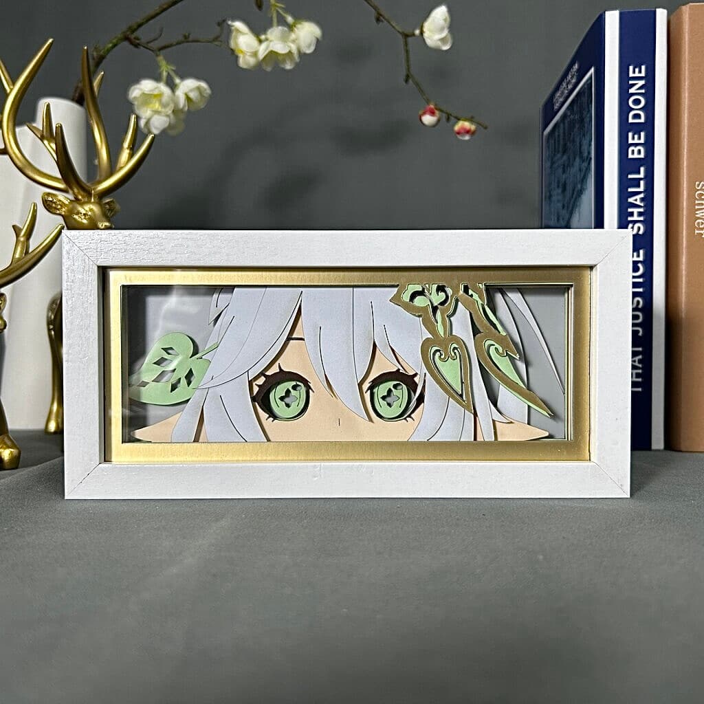 Genshin Impact Nahida Anime Light Box by Myanimelightbox, dipaparkan, dalam bingkai putih dengan latar belakang hiasan
