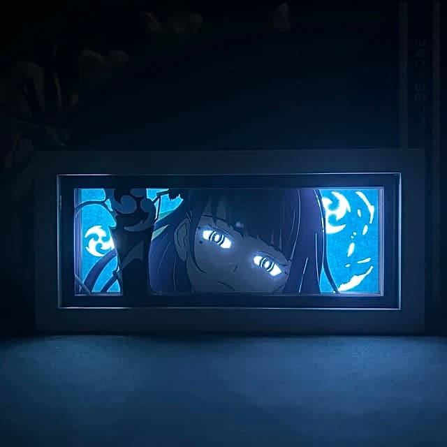 Impact Genshin Impact Raiden Shogun Anime Light Box rozsvítil v temné místnosti, zářící efekt Myanimelightbox
