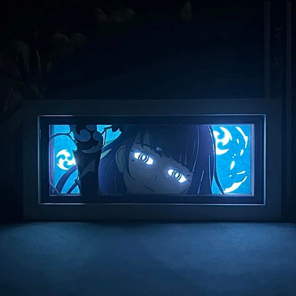 Impact Genshin Impact Raiden Shogun Anime Light Box rozsvítil v temné místnosti, zářící efekt Myanimelightbox
