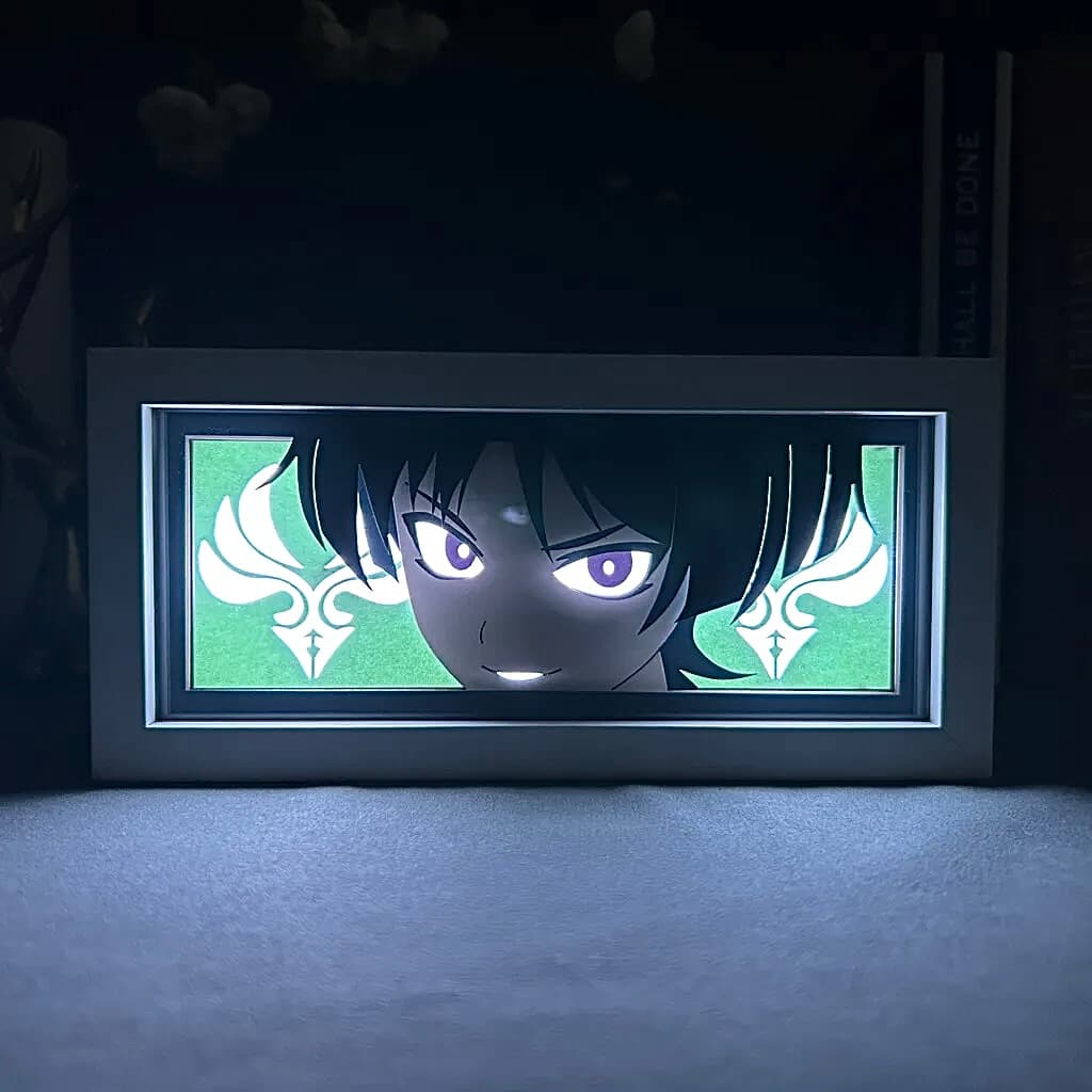 Genshin Impact Scaramouche Anime Light Box od Myanimelightbox, zářící v temné místnosti, dramatické osvětlení
