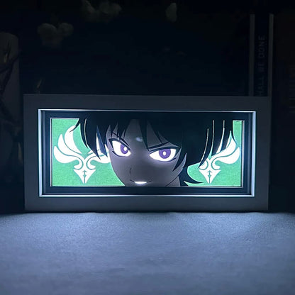 Genshin Impact Scaramouche Anime Light Box od Myanimelightbox, zářící v temné místnosti, dramatické osvětlení
