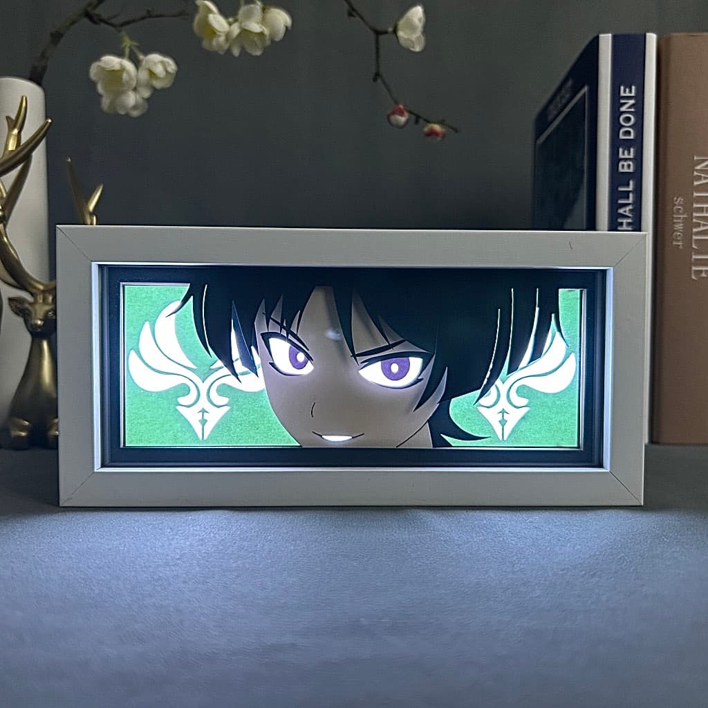 Genshin Impact Scaramouche Anime Light Box zářící se světlem zapnutými, viditelnými světly pokoje, myanimelightbox