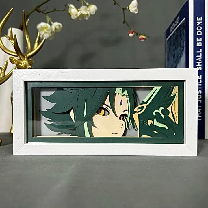 Genshin Impact Xiao Anime Light Box od Myanimelightbox, displej, v bílém rámu s ozdobným pozadím